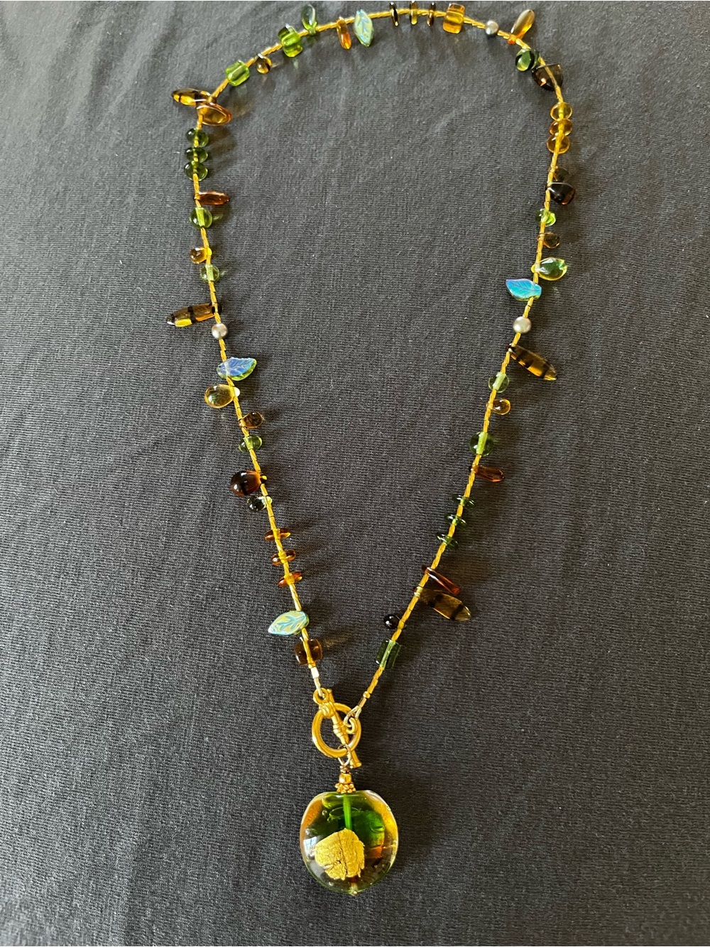 Murano Green and Amber Glass Pendant Necklace